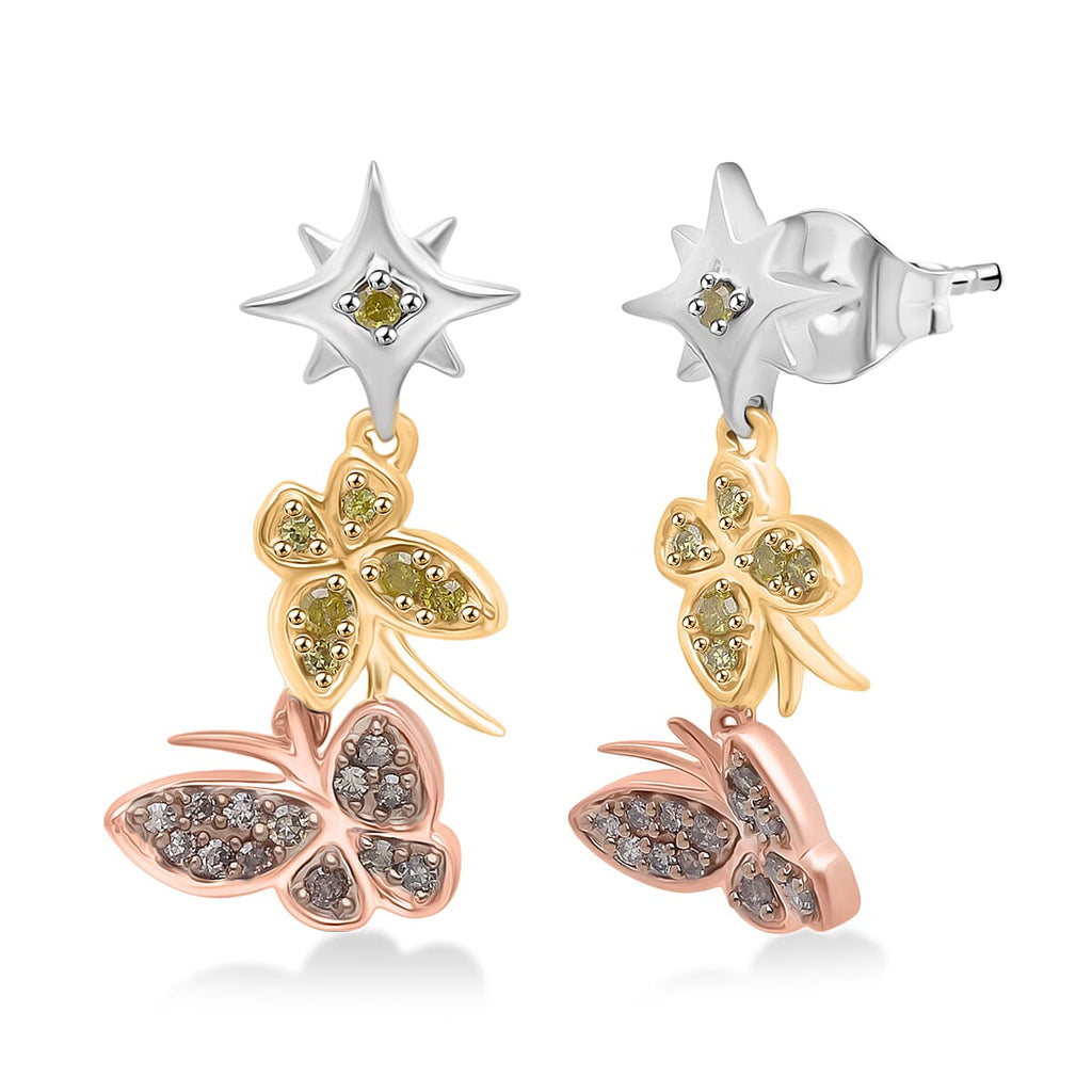 GP - Italian Garden Collection Champagne Diamond (SI-CP), Yellow Diamond & Kanchanaburi Blue Sapphire Butterfly Drop Earring with Push Back in Tri Colour Plated Sterling Silver 0.31 Ct.