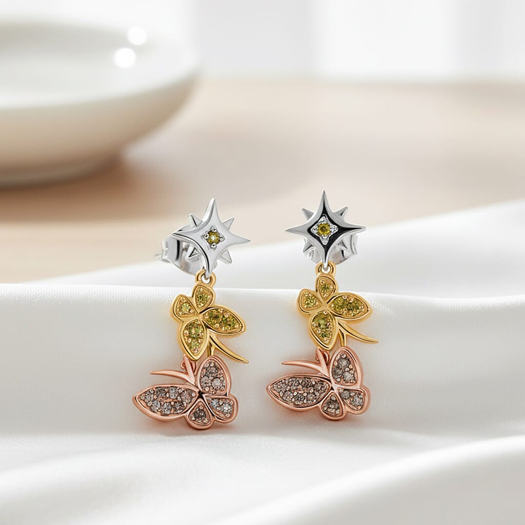 GP - Italian Garden Collection Champagne Diamond (SI-CP), Yellow Diamond &amp; Kanchanaburi Blue Sapphire Butterfly Drop Earring with Push Back in Tri Colour Plated Sterling Silver 0.31 Ct. 8325035 1