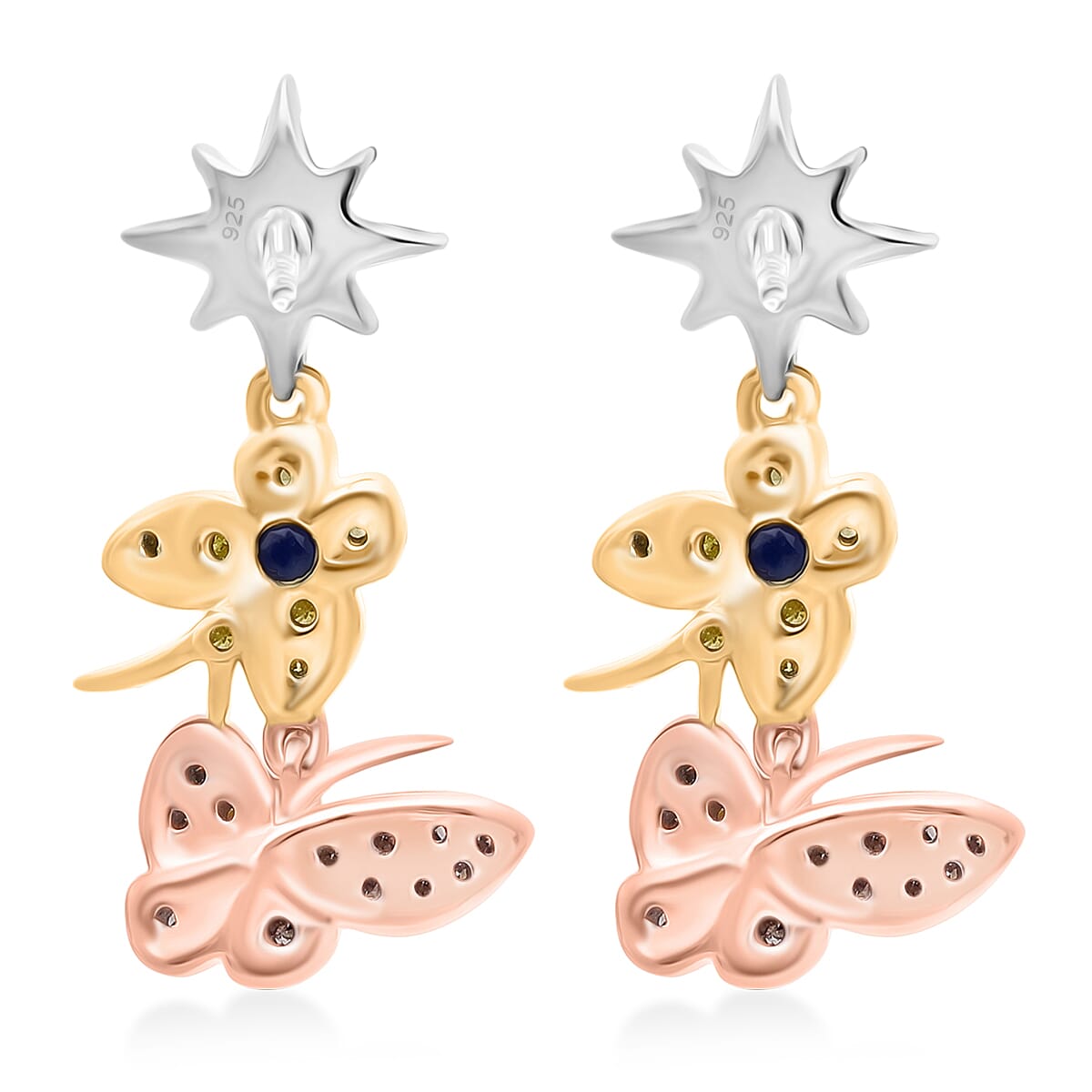 GP - Italian Garden Collection Champagne Diamond (SI-CP), Yellow Diamond &amp; Kanchanaburi Blue Sapphire Butterfly Drop Earring with Push Back in Tri Colour Plated Sterling Silver 0.31 Ct. 8325035 4