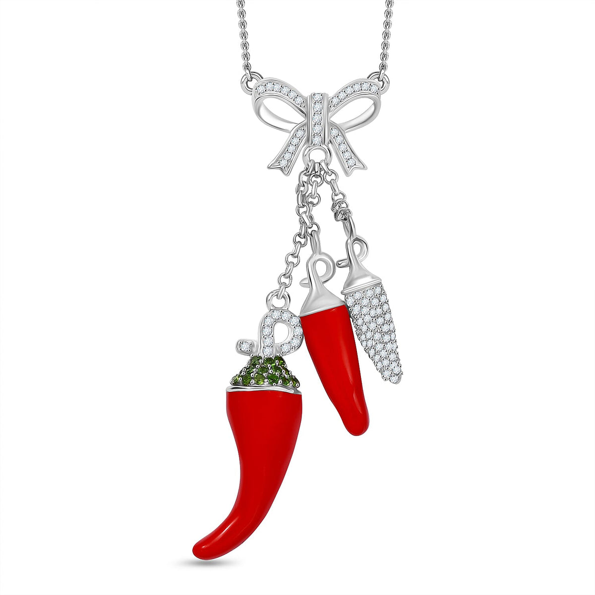 GP Chilli Pepper Collection - Natural Chrome Diopside, White Zircon Necklace With Lobster Clasp (Size - 20) in Rhodium Overlay Sterling Silver 2.05 Ct. 7979840 0