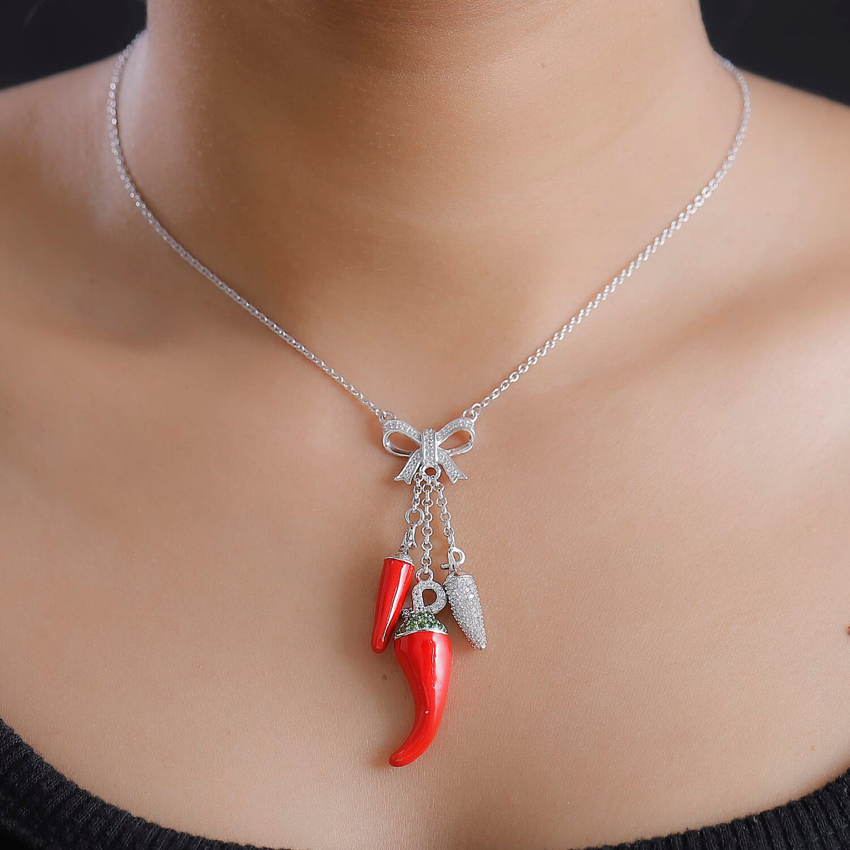 GP Chilli Pepper Collection - Natural Chrome Diopside, White Zircon Necklace With Lobster Clasp (Size - 20) in Rhodium Overlay Sterling Silver 2.05 Ct. 7979840 3
