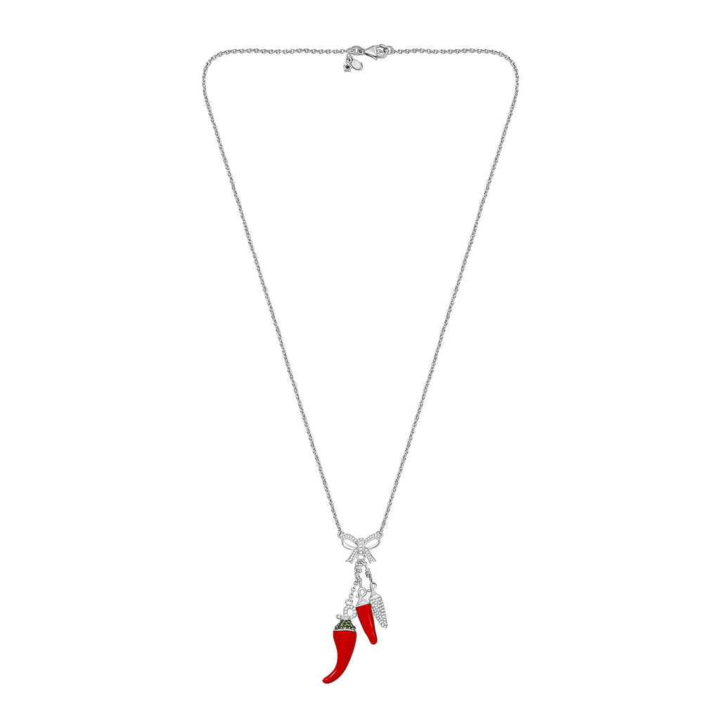 GP Chilli Pepper Collection - Natural Chrome Diopside, White Zircon Necklace With Lobster Clasp (Size - 20) in Rhodium Overlay Sterling Silver 2.05 Ct.