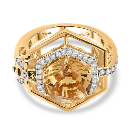 GP Honeycomb Collection - Honeycomb Cut Citrine, White Zircon Halo Ring in 18K Vermeil Yellow Gold Plated Sterling Silver 4.45 Ct. 8160970 1