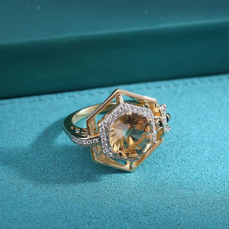 GP Honeycomb Collection - Honeycomb Cut Citrine, White Zircon Halo Ring in 18K Vermeil Yellow Gold Plated Sterling Silver 4.45 Ct. 8160970 2