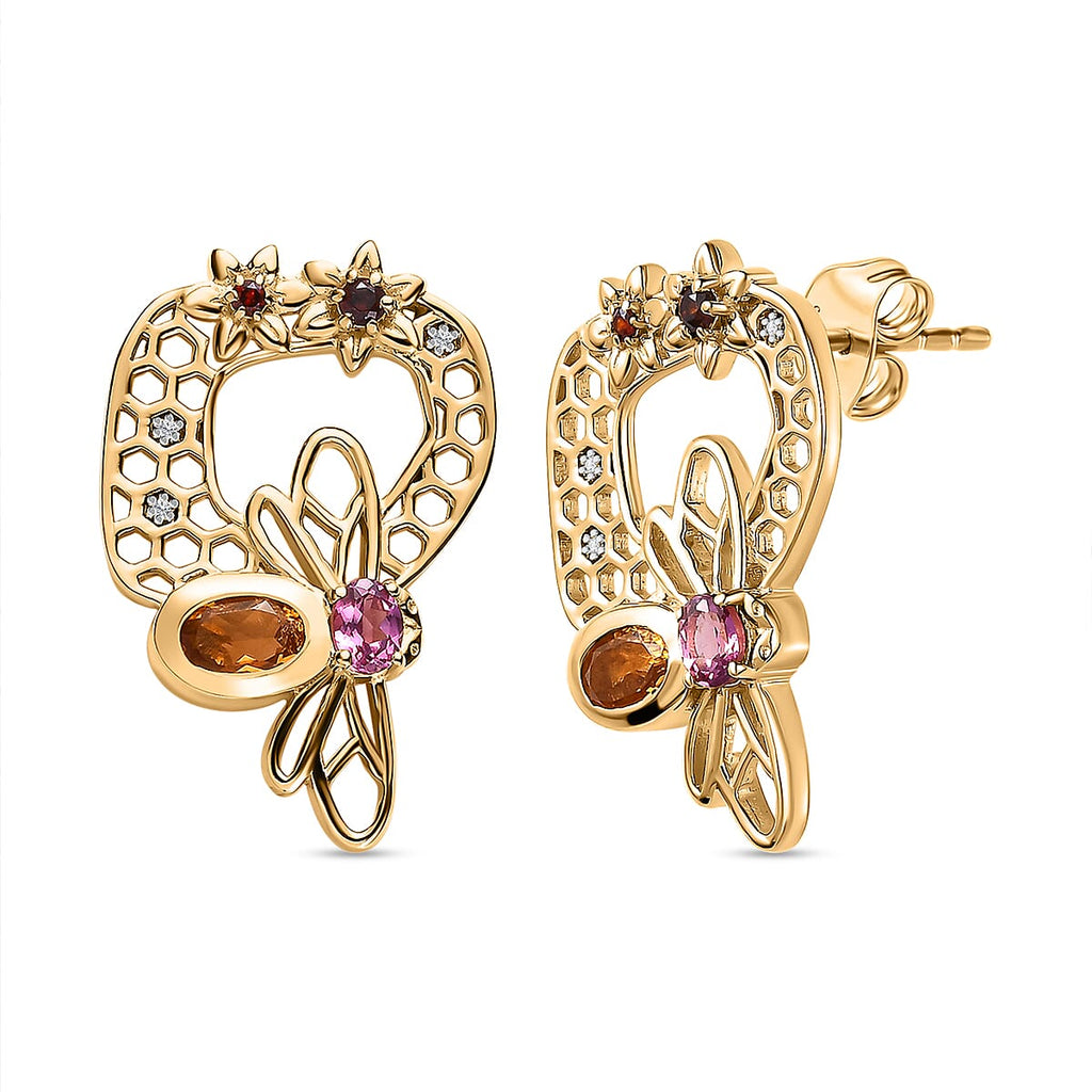 GP HoneyComb Collection - Citrine & Multi Gemstone Cluster Earrings in 18K Vermeil Yellow Gold Plated Sterling Silver 1.46 Ct