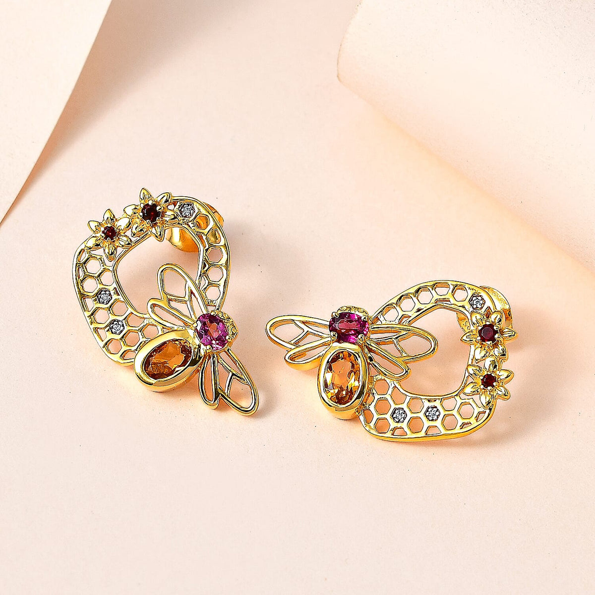 GP HoneyComb Collection - Citrine &amp; Multi Gemstone Cluster Earrings in 18K Vermeil Yellow Gold Plated Sterling Silver 1.46 Ct 7626792 1