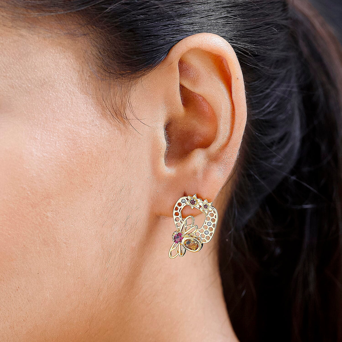 GP HoneyComb Collection - Citrine &amp; Multi Gemstone Cluster Earrings in 18K Vermeil Yellow Gold Plated Sterling Silver 1.46 Ct 7626792 2