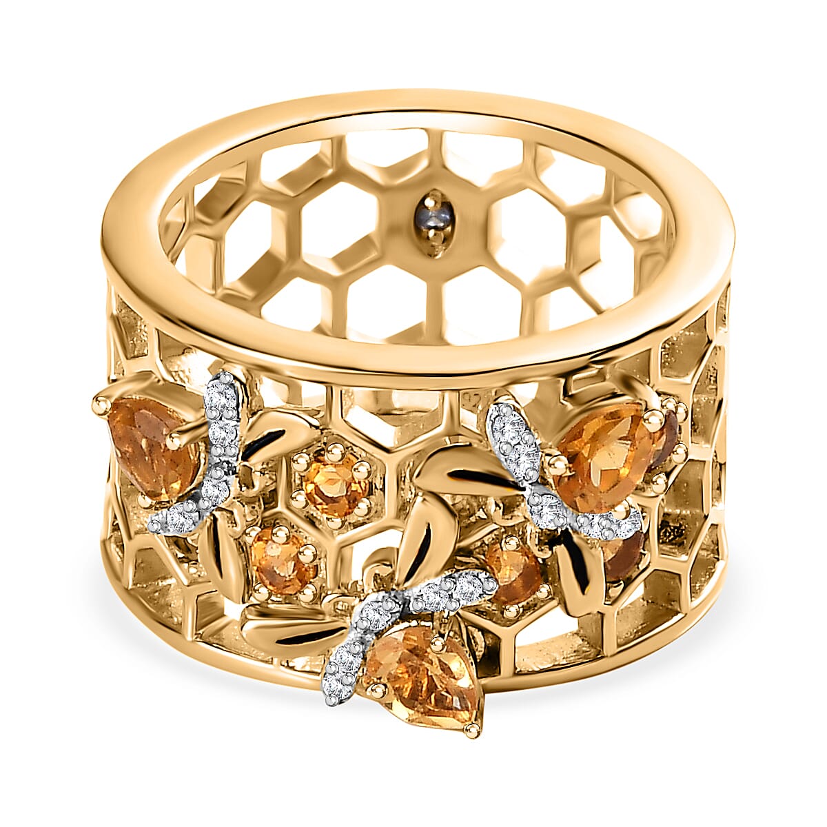 GP HoneyComb Collection - Citrine &amp; Natural Zircon Floral Wide Band Ring in 18K Vermeil Yellow Gold Plated Sterling Silver 1.11 Ct 7631413 0
