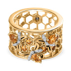 GP HoneyComb Collection - Citrine & Natural Zircon Floral Wide Band Ring in 18K Vermeil Yellow Gold Plated Sterling Silver 1.11 Ct