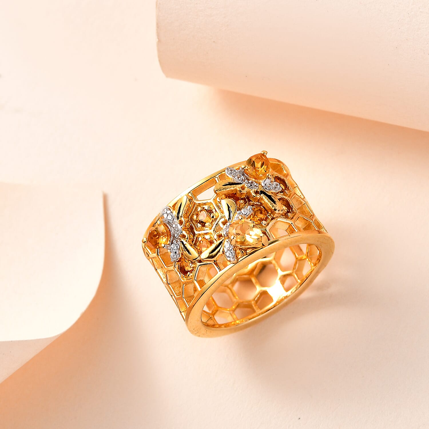 GP HoneyComb Collection - Citrine &amp; Natural Zircon Floral Wide Band Ring in 18K Vermeil Yellow Gold Plated Sterling Silver 1.11 Ct 7631413 1