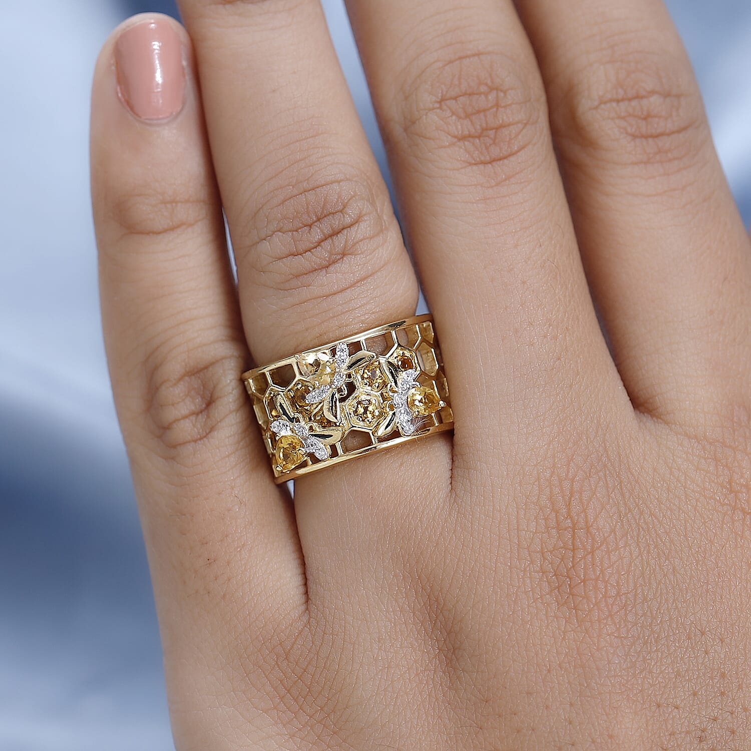GP HoneyComb Collection - Citrine &amp; Natural Zircon Floral Wide Band Ring in 18K Vermeil Yellow Gold Plated Sterling Silver 1.11 Ct 7631413 2