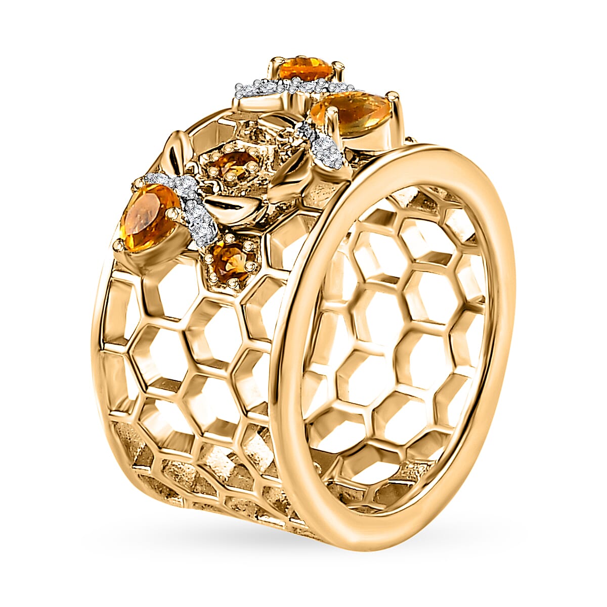 GP HoneyComb Collection - Citrine &amp; Natural Zircon Floral Wide Band Ring in 18K Vermeil Yellow Gold Plated Sterling Silver 1.11 Ct 7631413 3