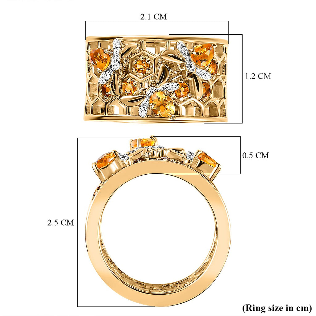 GP HoneyComb Collection - Citrine & Natural Zircon Floral Wide Band Ring in 18K Vermeil Yellow Gold Plated Sterling Silver 1.11 Ct