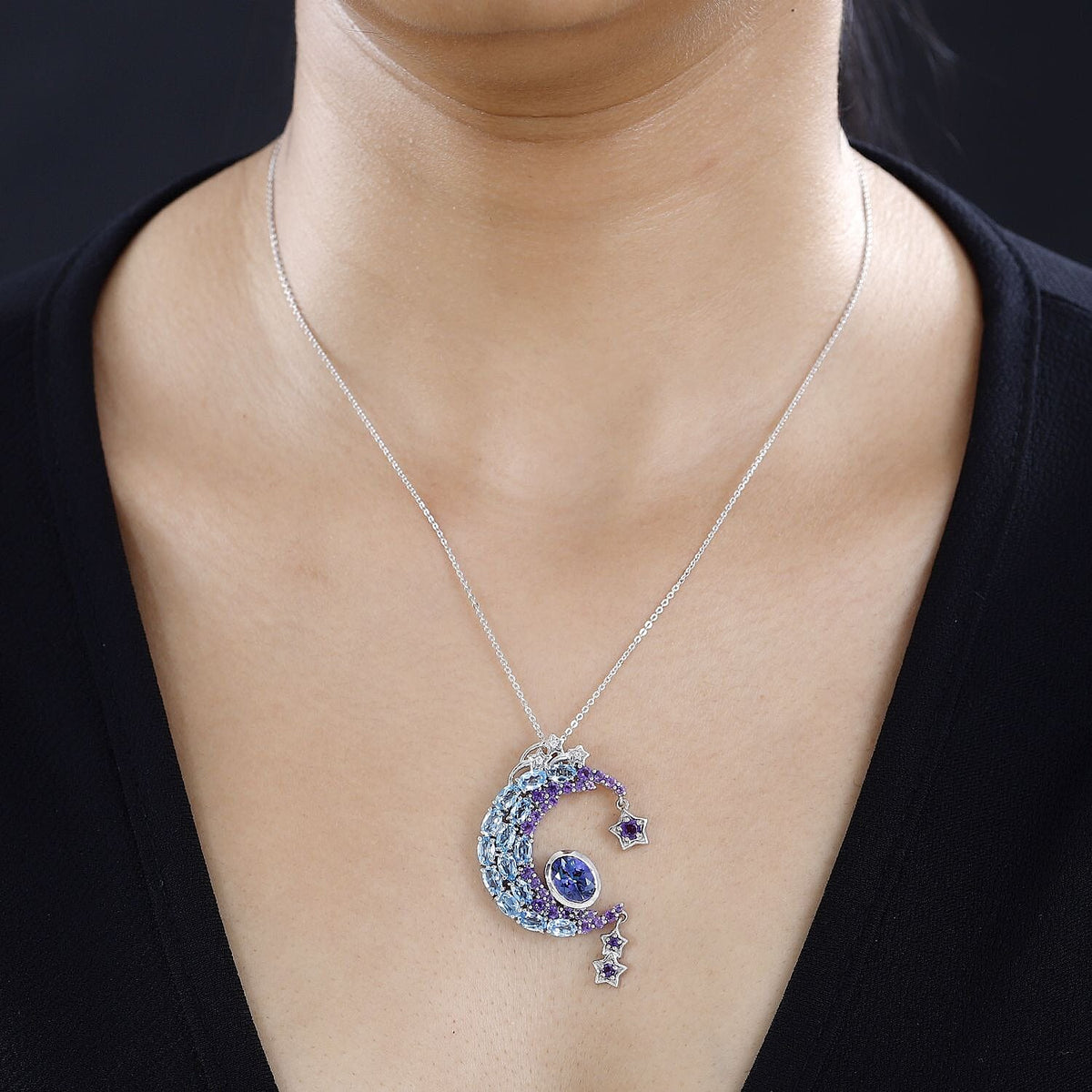 GP Collection - Blue Petalite, Skyblue Topaz, African Amethyst, White Zircon Crescent Moon Pendant with Chain (Size 20) in Platinum Overlay Sterling Silver 4.95 ct  Silver Wt. 8.4 Gms  6.280  Ct. 4266717 4