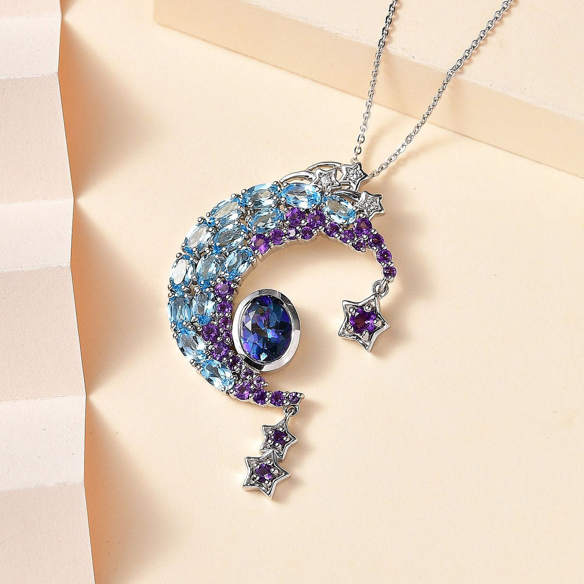 GP Collection - Blue Petalite, Skyblue Topaz, African Amethyst, White Zircon Crescent Moon Pendant with Chain (Size 20) in Platinum Overlay Sterling Silver 4.95 ct  Silver Wt. 8.4 Gms  6.280  Ct. 4266717 6