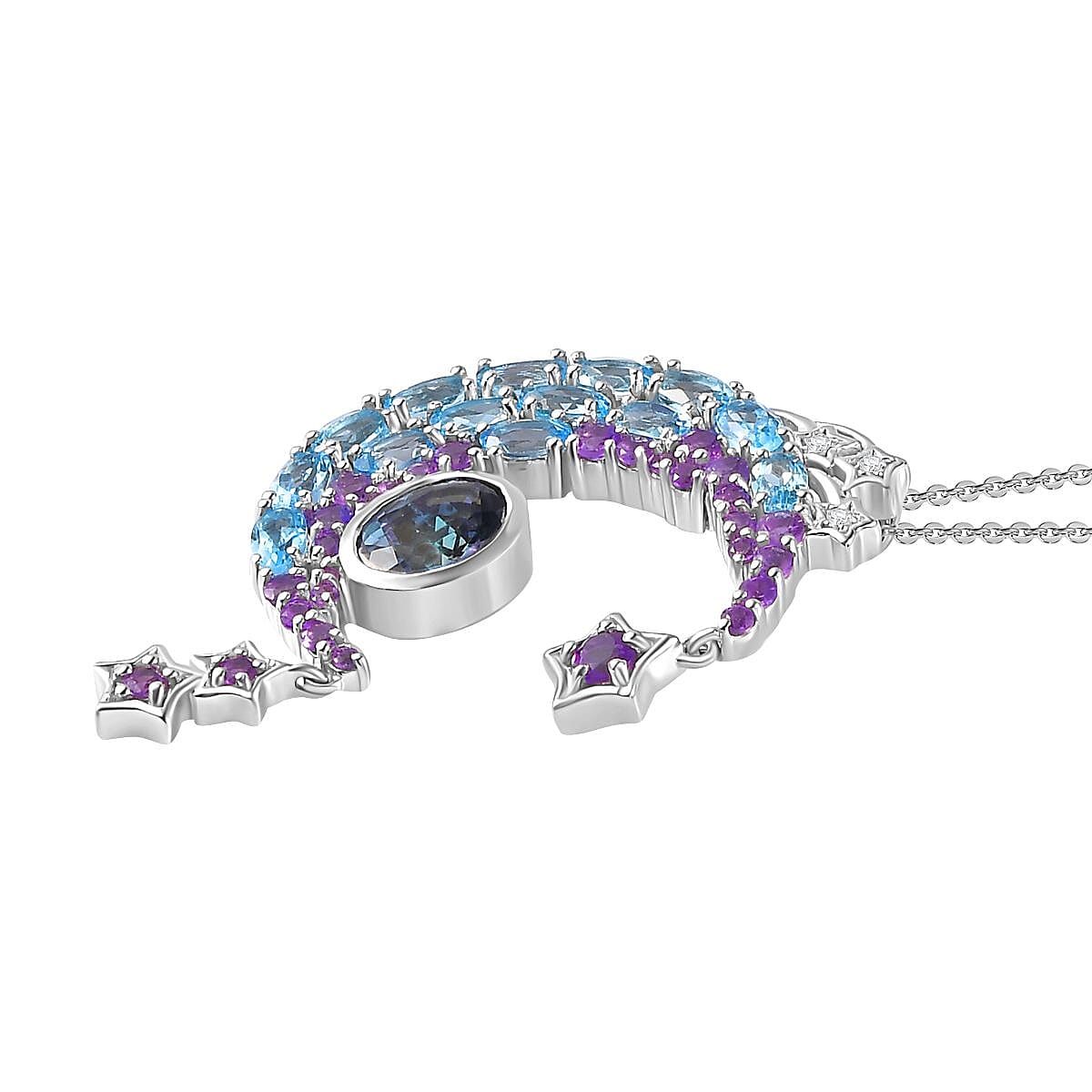 GP Collection - Blue Petalite, Skyblue Topaz, African Amethyst, White Zircon Crescent Moon Pendant with Chain (Size 20) in Platinum Overlay Sterling Silver 4.95 ct  Silver Wt. 8.4 Gms  6.280  Ct. 4266717 8