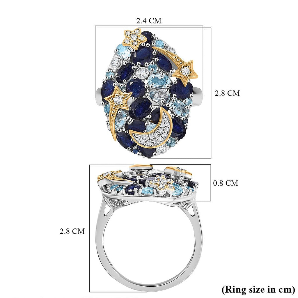 GP Star Moon Celestial Collection - Blue Sapphire, Multi Gemstones Cluster Ring in 18K Yellow Gold & Rhodium Plated Sterling Silver 7.27 Ct.