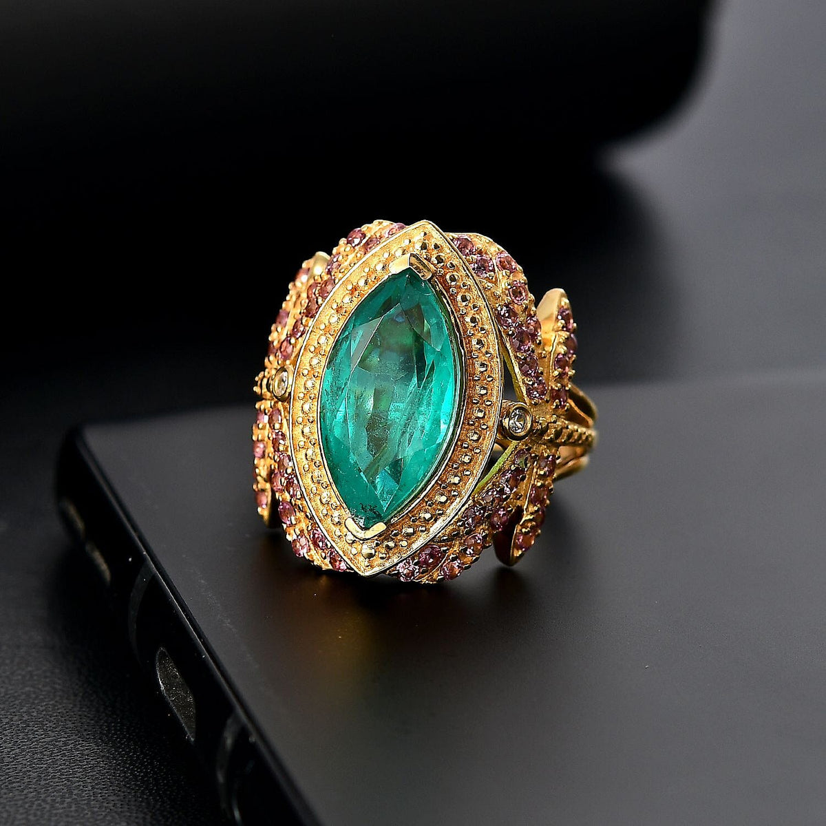 GP Italian Garden Collection - Emeraldine Triplet Quartz &amp; Multi Gemstones Ring in 18K Vermeil Yellow Gold Plated Sterling Silver 5.41 Ct, Silver Wt. 7.51 Gms. 7986762 2