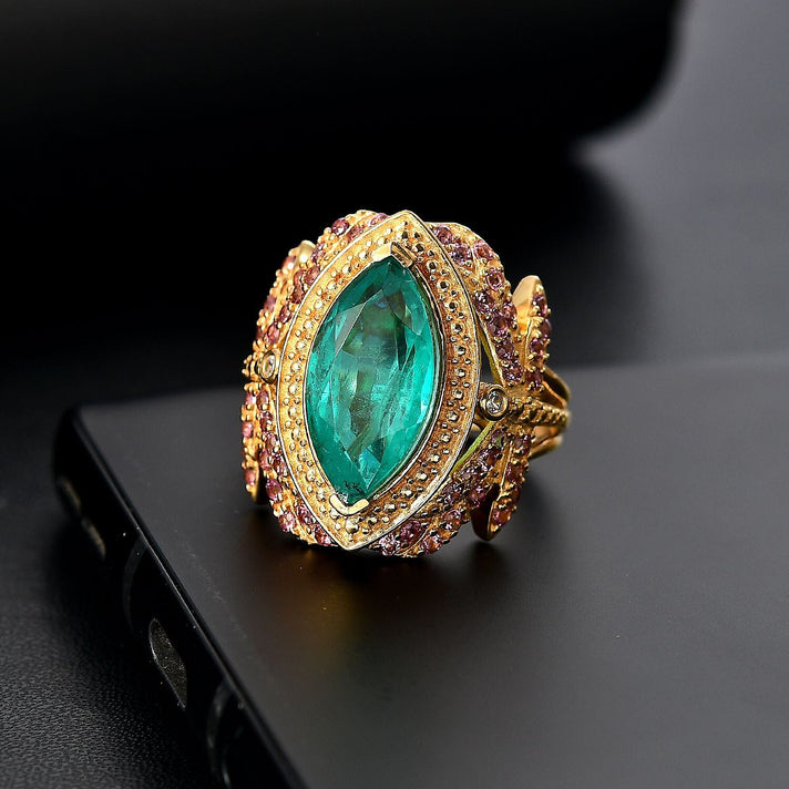 GP Italian Garden Collection - Emeraldine Triplet Quartz &amp; Multi Gemstones Ring in 18K Vermeil Yellow Gold Plated Sterling Silver 5.41 Ct, Silver Wt. 7.51 Gms. 7986762 2