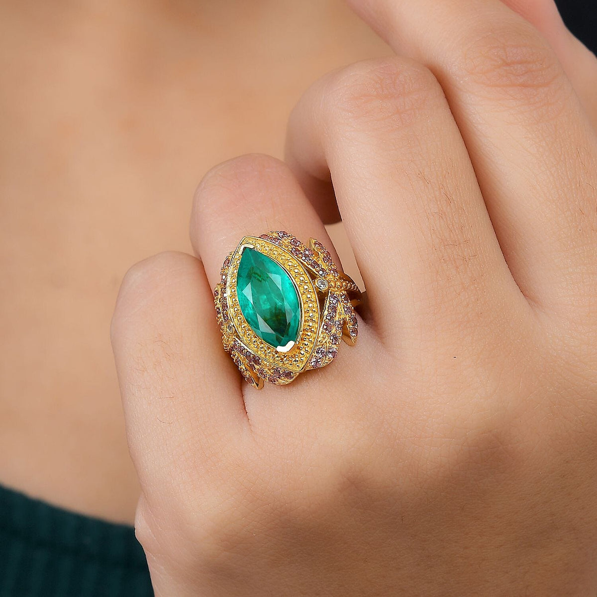 GP Italian Garden Collection - Emeraldine Triplet Quartz &amp; Multi Gemstones Ring in 18K Vermeil Yellow Gold Plated Sterling Silver 5.41 Ct, Silver Wt. 7.51 Gms. 7986762 3