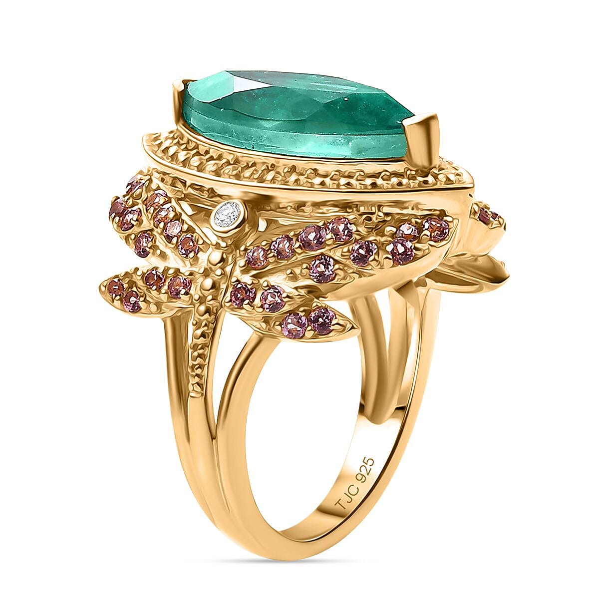 GP Italian Garden Collection - Emeraldine Triplet Quartz &amp; Multi Gemstones Ring in 18K Vermeil Yellow Gold Plated Sterling Silver 5.41 Ct, Silver Wt. 7.51 Gms. 7986762 4