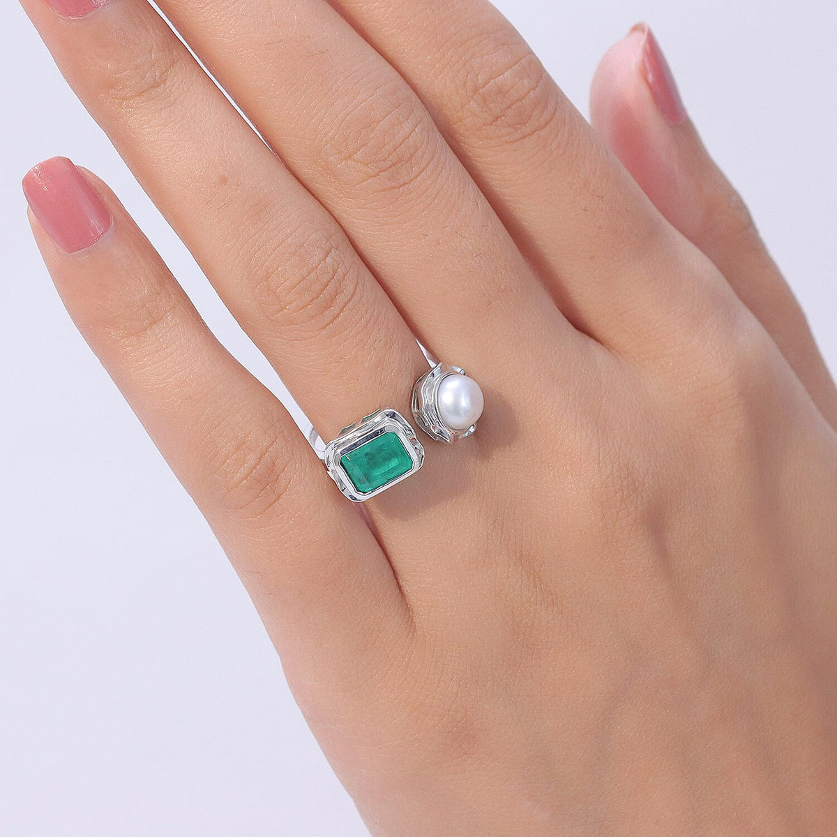 Live From Vicenza GP - Emeraldine Triplet Quartz, Fresh Water Pearl &amp; Blue Sapphire Ring in Rhodium Overlay Sterling Silver 3.58 Ct. 8536305 2