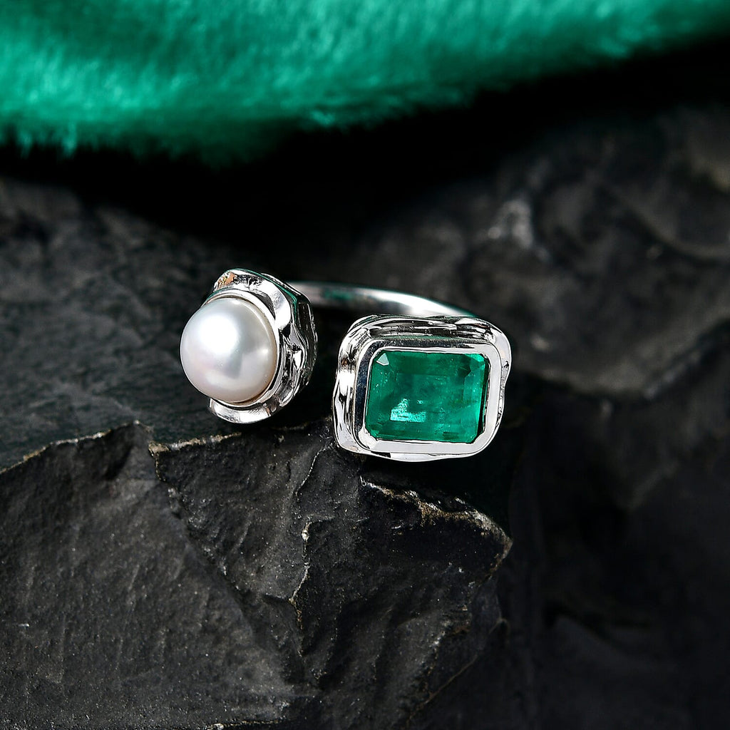 GP - Emeraldine Triplet Quartz, Fresh Water Pearl & Blue Sapphire Ring in Rhodium Overlay Sterling Silver 3.58 Ct.