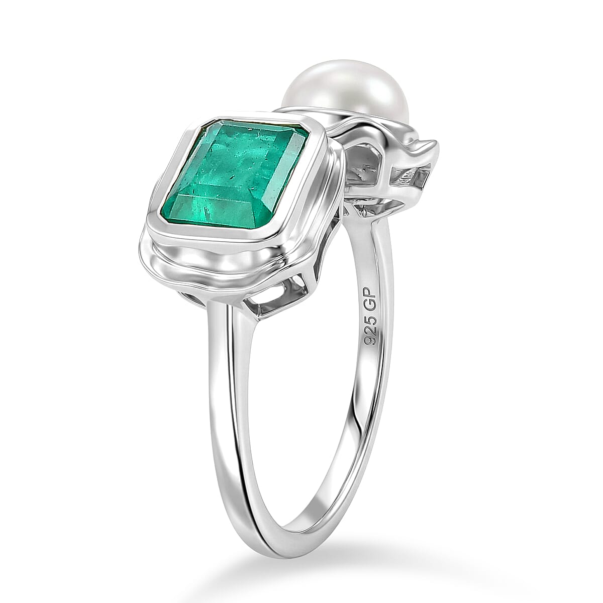Live From Vicenza GP - Emeraldine Triplet Quartz, Fresh Water Pearl &amp; Blue Sapphire Ring in Rhodium Overlay Sterling Silver 3.58 Ct. 8536305 4