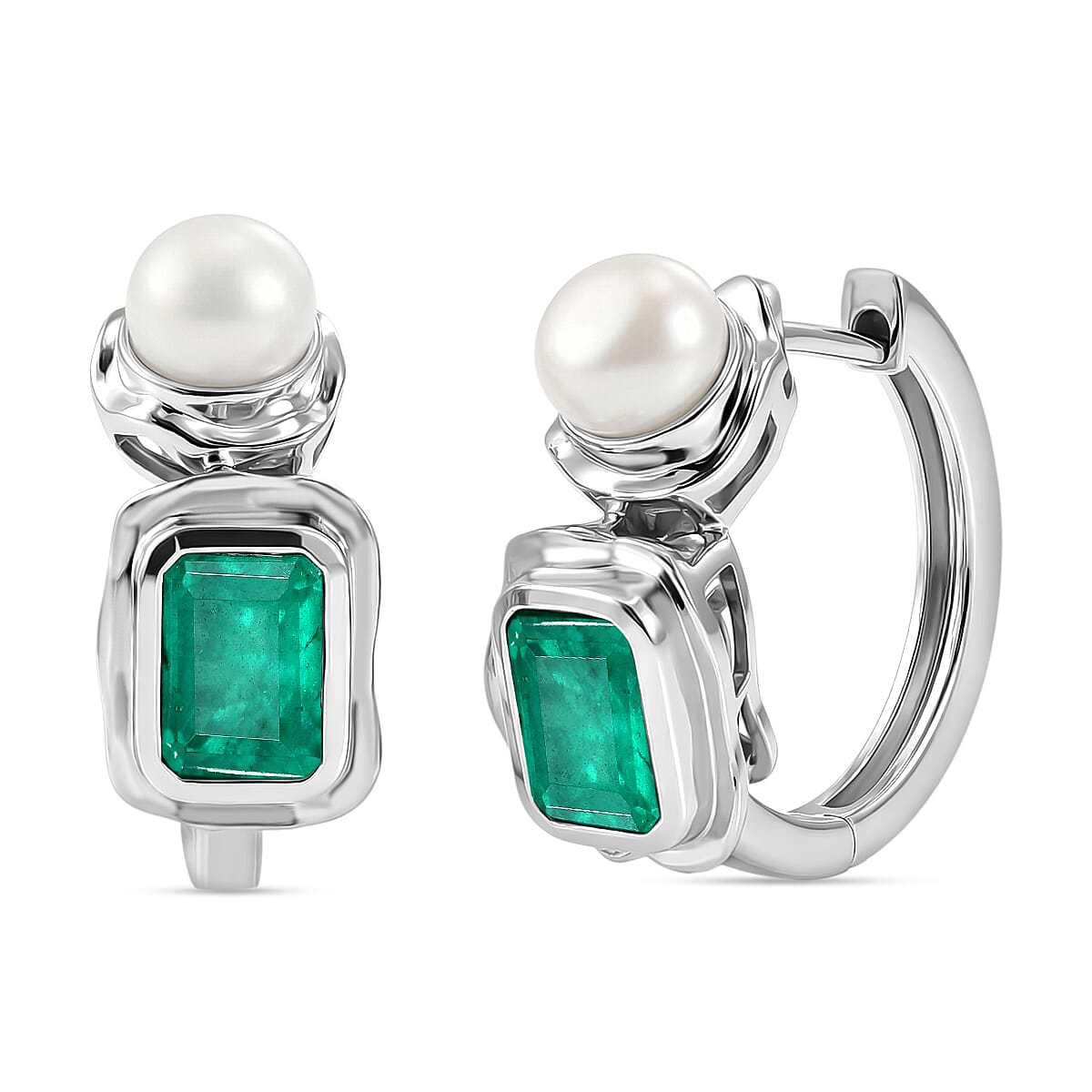 GP - Emeraldine Triplet Quartz, Fresh Water Pearl &amp; Blue Sapphire Full Hoop Earring in Rhodium Overlay Sterling Silver 3.90 Ct. 8540770 0