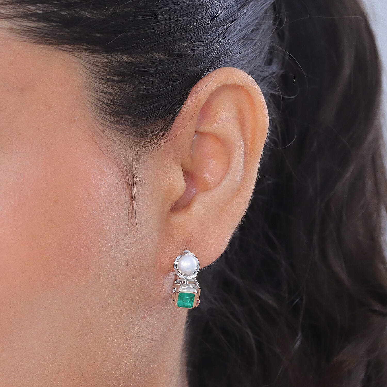 GP - Emeraldine Triplet Quartz, Fresh Water Pearl &amp; Blue Sapphire Full Hoop Earring in Rhodium Overlay Sterling Silver 3.90 Ct. 8540770 2