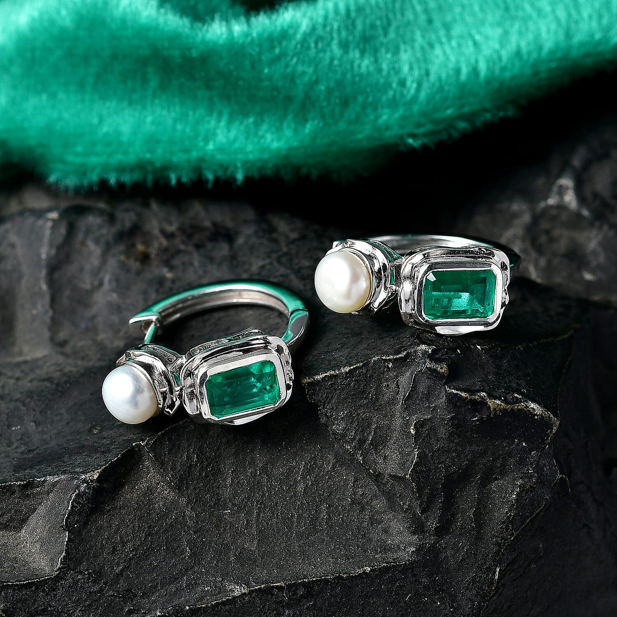 GP - Emeraldine Triplet Quartz, Fresh Water Pearl &amp; Blue Sapphire Full Hoop Earring in Rhodium Overlay Sterling Silver 3.90 Ct. 8540770 3