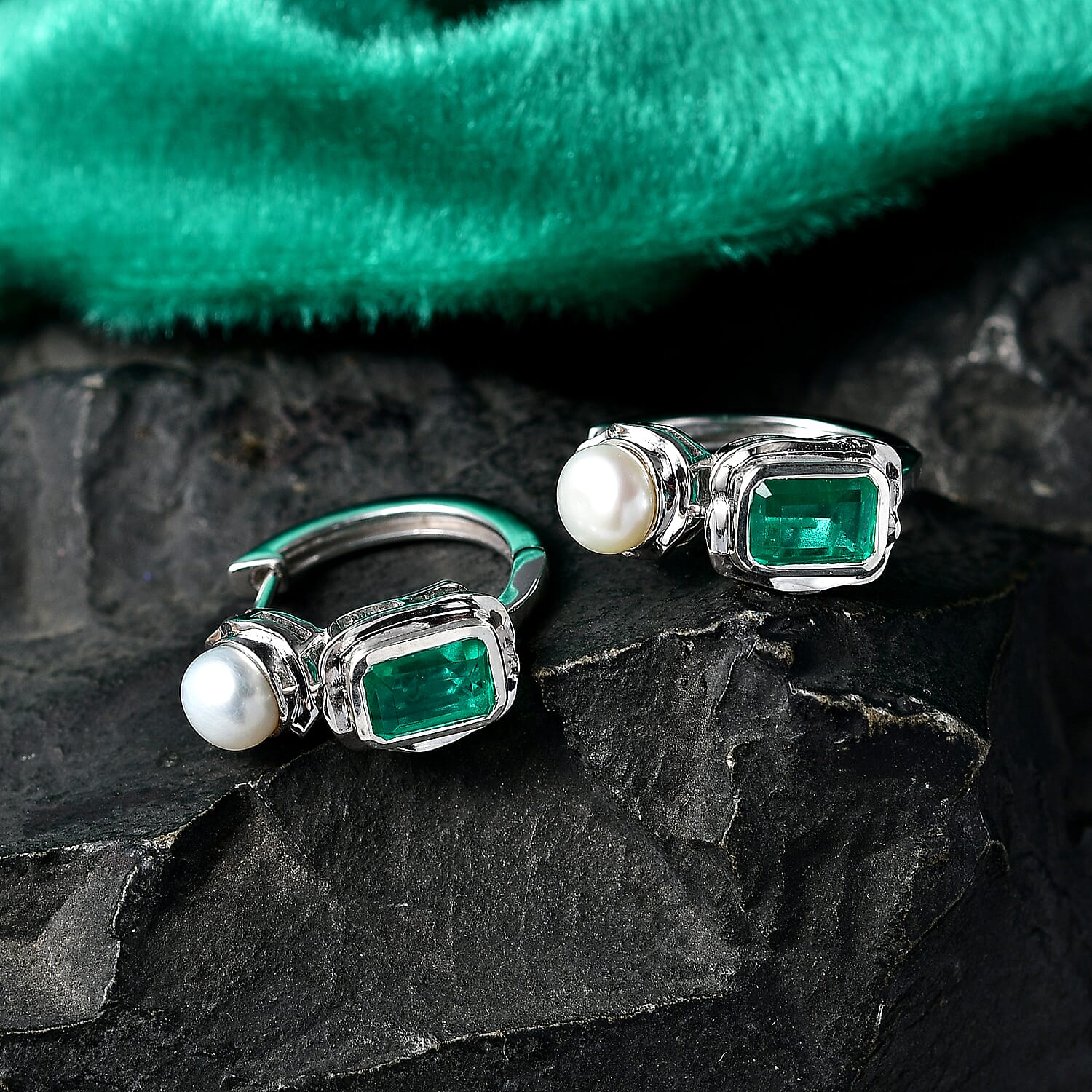 GP - Emeraldine Triplet Quartz, Fresh Water Pearl &amp; Blue Sapphire Full Hoop Earring in Rhodium Overlay Sterling Silver 3.90 Ct. 8540770 3