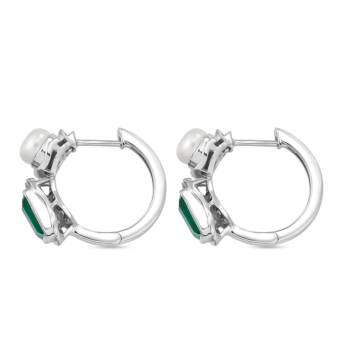GP - Emeraldine Triplet Quartz, Fresh Water Pearl &amp; Blue Sapphire Full Hoop Earring in Rhodium Overlay Sterling Silver 3.90 Ct. 8540770 4