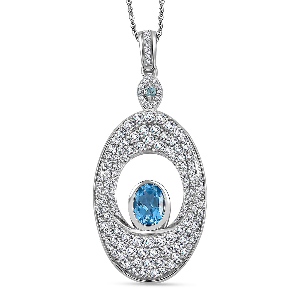 GP Celestial Collection - Swiss Blue Topaz, White Zircon, Blue Apatite & Blue Sapphire Pendant with Chain (Size 20) in Rhodium Overlay Sterling Silver 4.44 Ct.