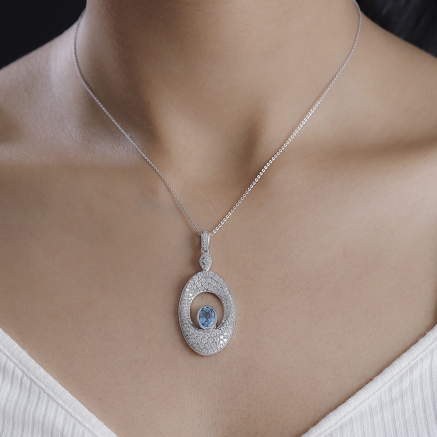 GP Evil Eye Collection - Swiss Blue Topaz, White Zircon, Blue Apatite Pendant with Chain (Size 20) in Rhodium Overlay Sterling Silver 4.24  Ct. 4324970 3