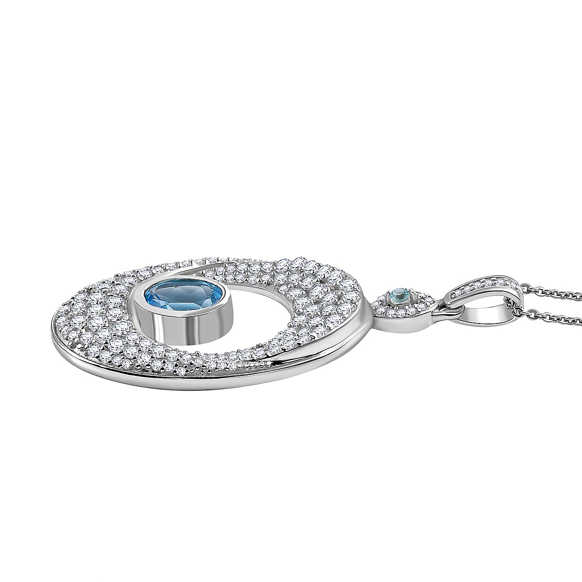 GP Evil Eye Collection - Swiss Blue Topaz, White Zircon, Blue Apatite Pendant with Chain (Size 20) in Rhodium Overlay Sterling Silver 4.24  Ct. 4324970 4