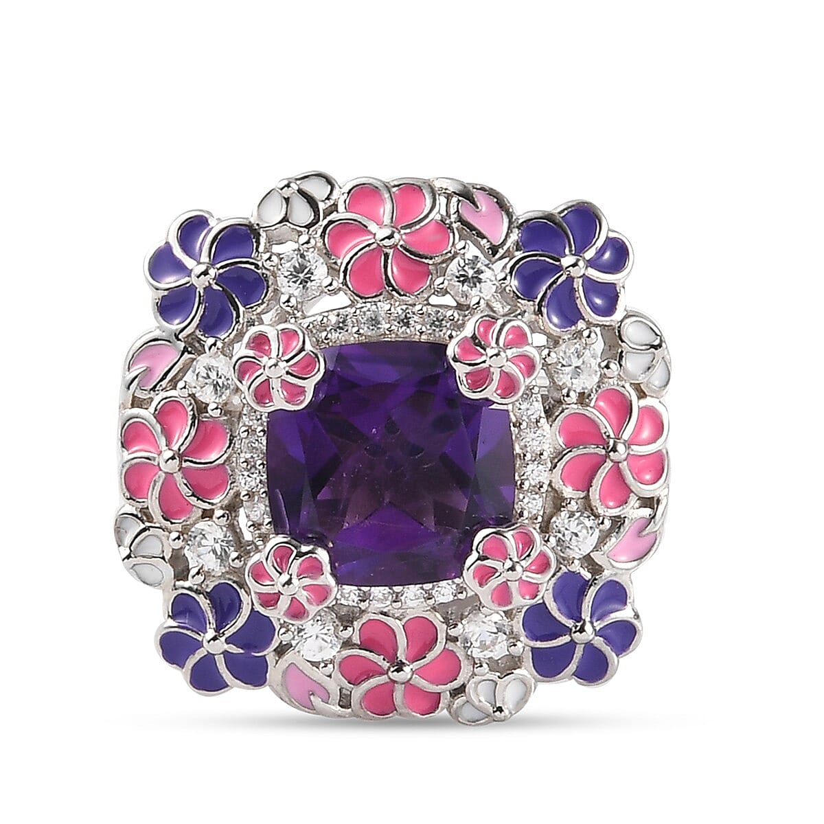 GP Flower and Garden Collection- 3.97 Ct. Lusaka Amethyst, Zircon Floral Enamelled Ring in Platinum Plated Sterling Silver 3850369 2