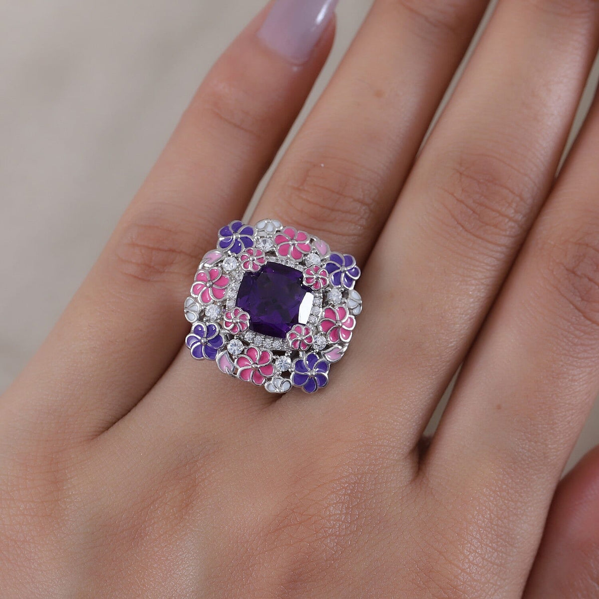 GP Flower and Garden Collection- 3.97 Ct. Lusaka Amethyst, Zircon Floral Enamelled Ring in Platinum Plated Sterling Silver 3850369 3