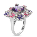GP Italian Garden Collection - Lusaka Amethyst and Natural Cambodian Zircon and Multi Gemstone Enamelled Ring in Platinum Overlay Sterling Silver 4.25 Ct