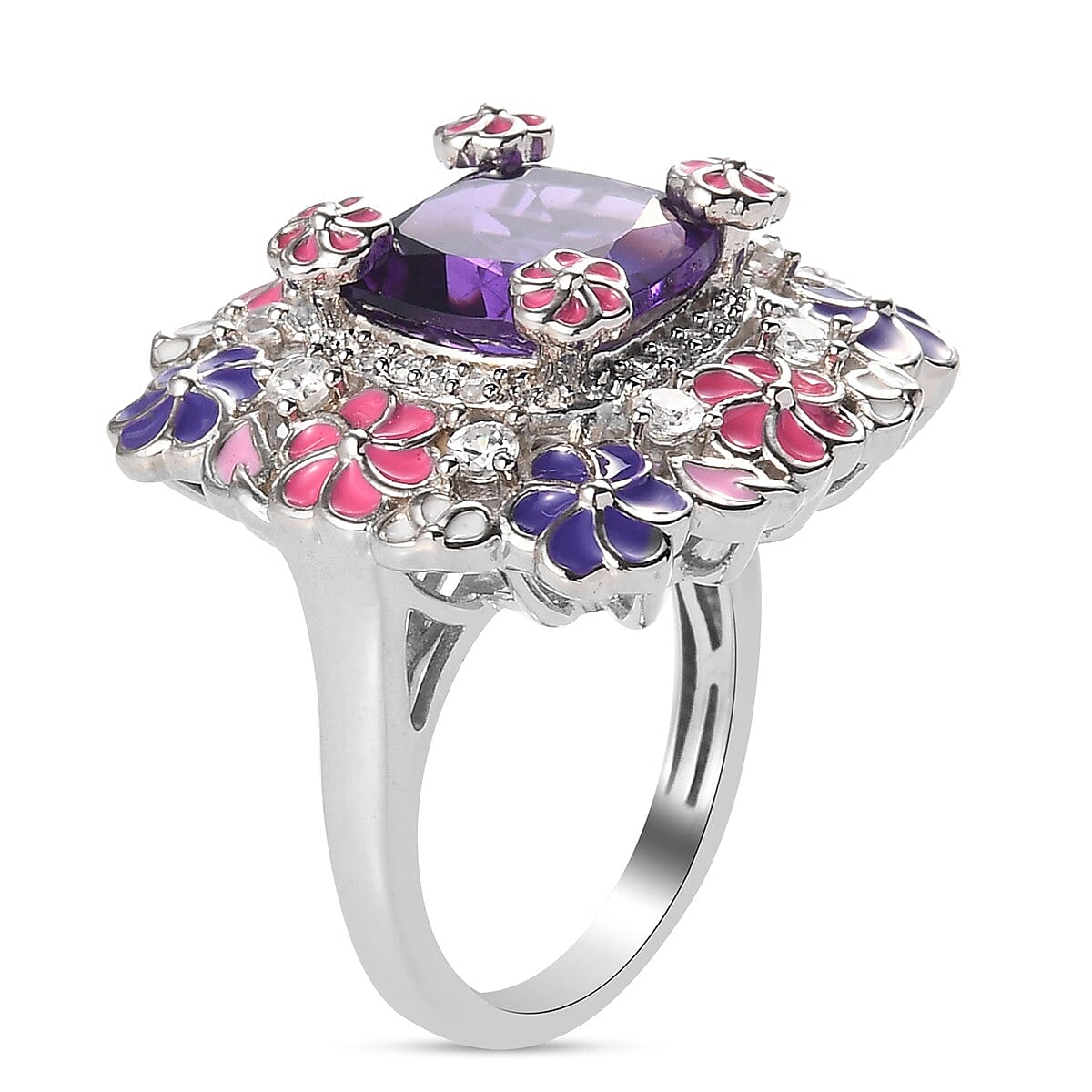 GP Flower and Garden Collection- 3.97 Ct. Lusaka Amethyst, Zircon Floral Enamelled Ring in Platinum Plated Sterling Silver 3850369 4