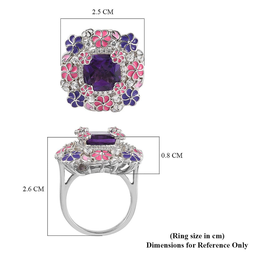GP Italian Garden Collection - Lusaka Amethyst and Natural Cambodian Zircon and Multi Gemstone Enamelled Ring in Platinum Overlay Sterling Silver 4.25 Ct