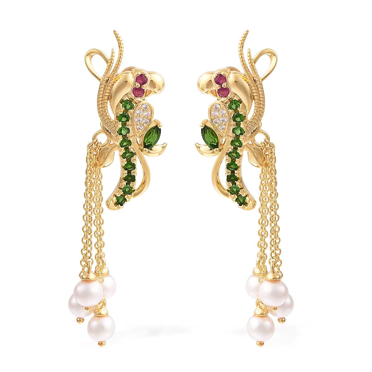 GP Freshwater Pearl and Chrome Diopside and Multi Gemstone Parrot Dangle Earrings in Gold Plated Sterling Silver 3603855 0
