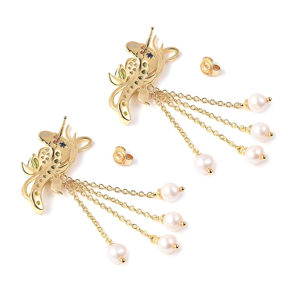 GP Freshwater Pearl and Chrome Diopside and Multi Gemstone Parrot Dangle Earrings in Gold Plated Sterling Silver 3603855 3