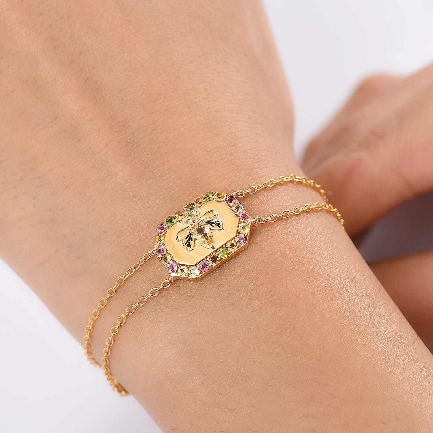 GP Italian Garden Collection - Citrine, Multi-Tourmaline Adjustable Chain Bee Motif Bracelet (Size - 8) with Lobster Clasp in 18K Vermeil Yellow Gold Plated Sterling Silver 1.07 Ct. 8162878 3