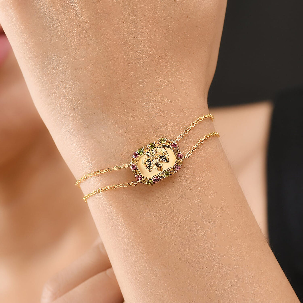 GP Italian Garden Collection - Citrine, Multi-Tourmaline Adjustable Chain Bee Motif Bracelet (Size - 8) with Lobster Clasp in 18K Vermeil Yellow Gold Plated Sterling Silver 1.07 Ct. 8162878 4