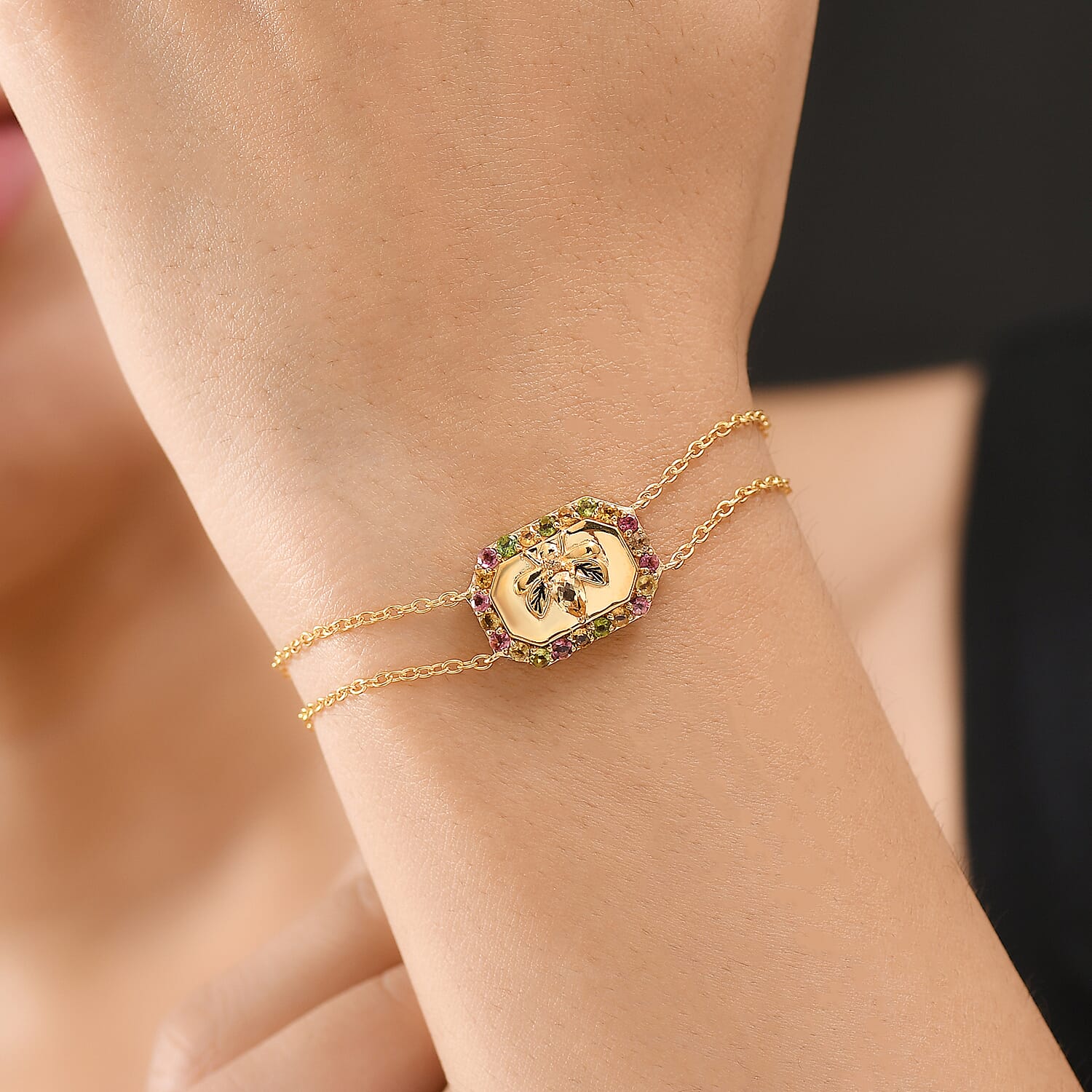 GP Italian Garden Collection - Citrine, Multi-Tourmaline Adjustable Chain Bee Motif Bracelet (Size - 8) with Lobster Clasp in 18K Vermeil Yellow Gold Plated Sterling Silver 1.07 Ct. 8162878 4
