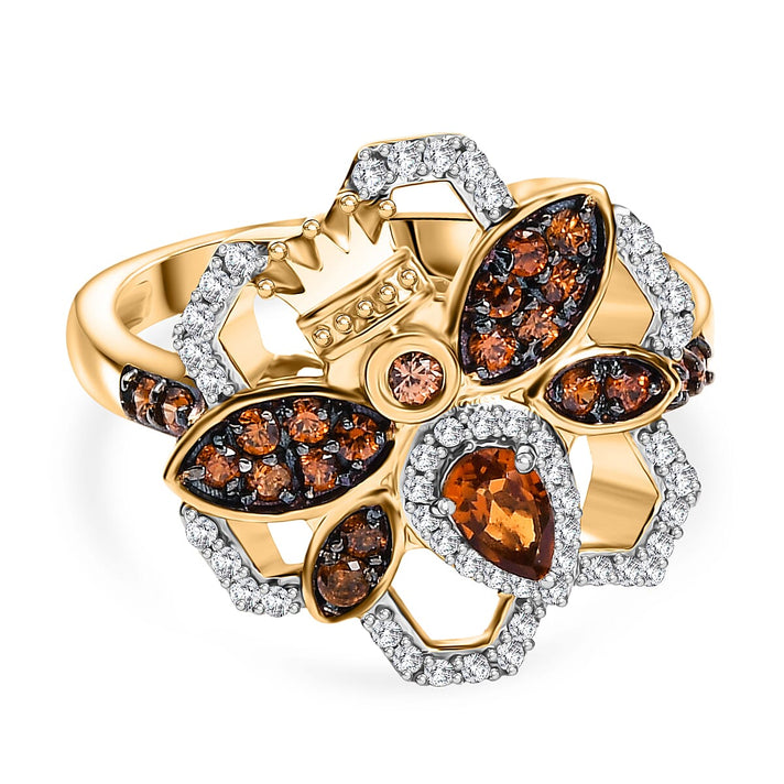 GP HoneyComb Collection - Madeira Citrine, White Zircon, Natural Champagne Zircon Queen Bee Ring in 18K Vermeil Yellow Gold Plated Sterling Silver 1.07 Ct. 8089687 1