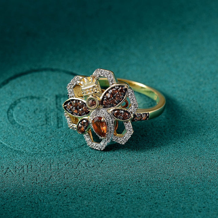 GP HoneyComb Collection - Madeira Citrine, White Zircon, Natural Champagne Zircon Queen Bee Ring in 18K Vermeil Yellow Gold Plated Sterling Silver 1.07 Ct. 8089687 2