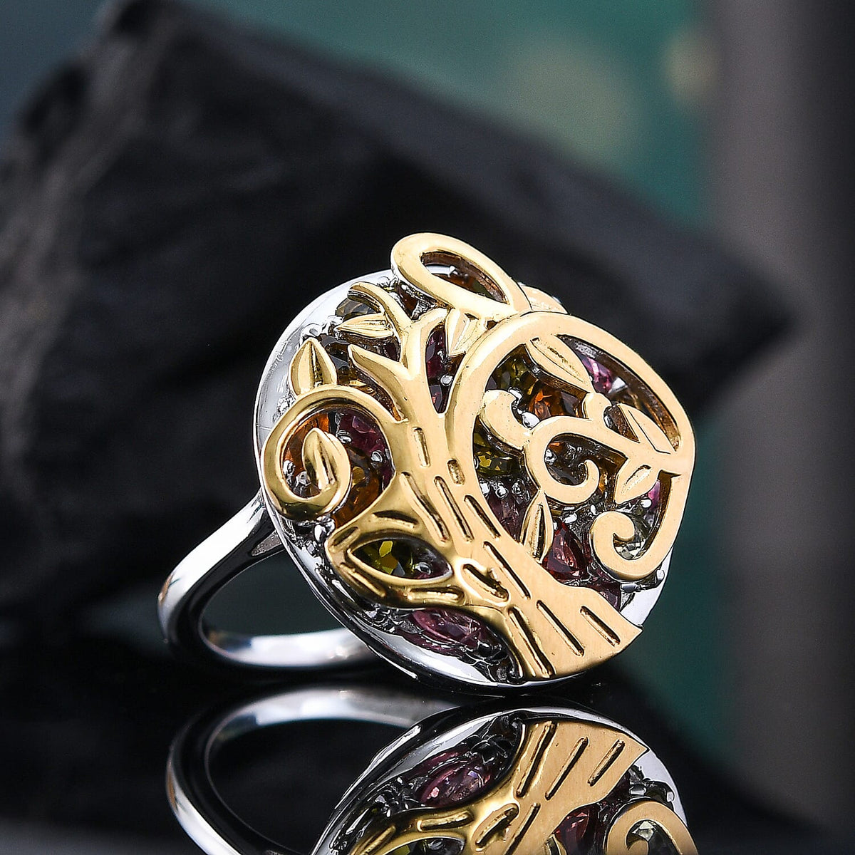 GP Collection: Multi-Tourmaline, Multi Gemstones Tree Ring in Sterling Silver with 18K Vermeil Yellow Gold 8083208 2