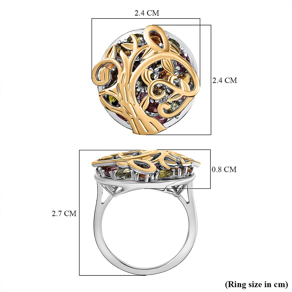 GP Tree Of Life Collection - Multi Tourmaline & Multi Gemstones Ring in 18K Vermeil Yellow Gold Plated & Rhodium Overlay Sterling Silver 3.67 Ct.